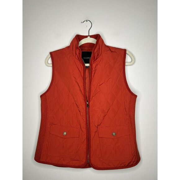 Talbots Woman Quilted Vest Red Orange Pockets Casual Full Zip Size Medium - Picture 2 of 9